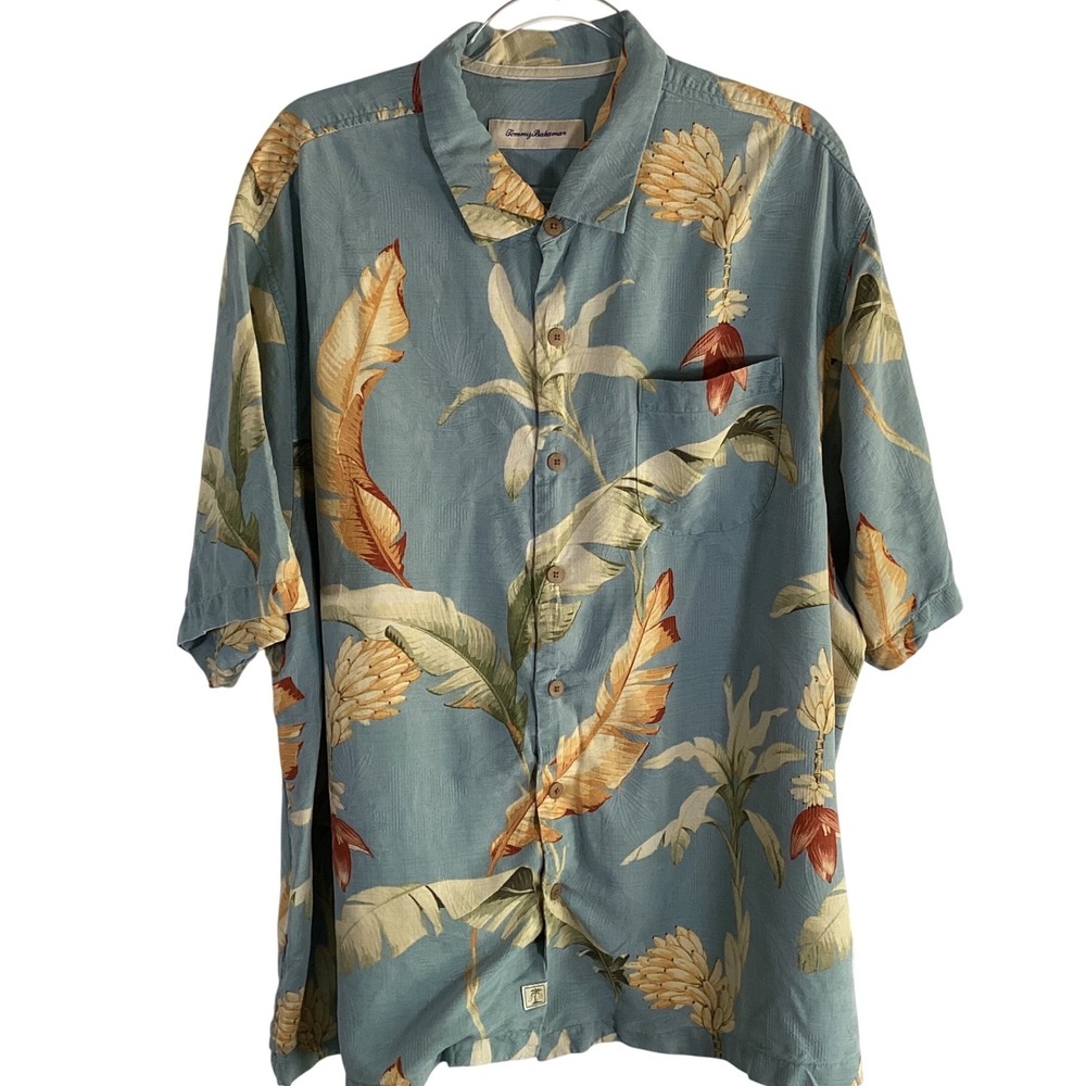 Tommy‎ Bahama Silk Shirt Mens 2XB Blue Tropical Banana Leaf Floral 164-BT315790